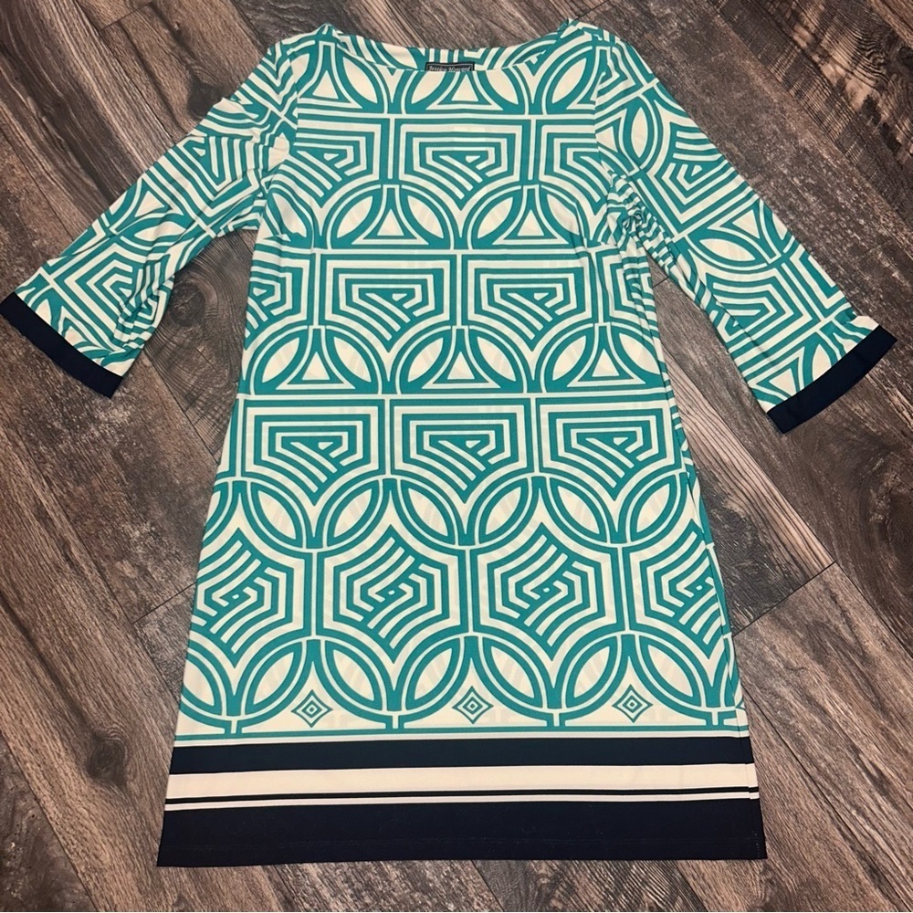 Jessica Howard Shift Geometric Patterned Dress Teal And Navy Women’s Large - Picture 1 of 6